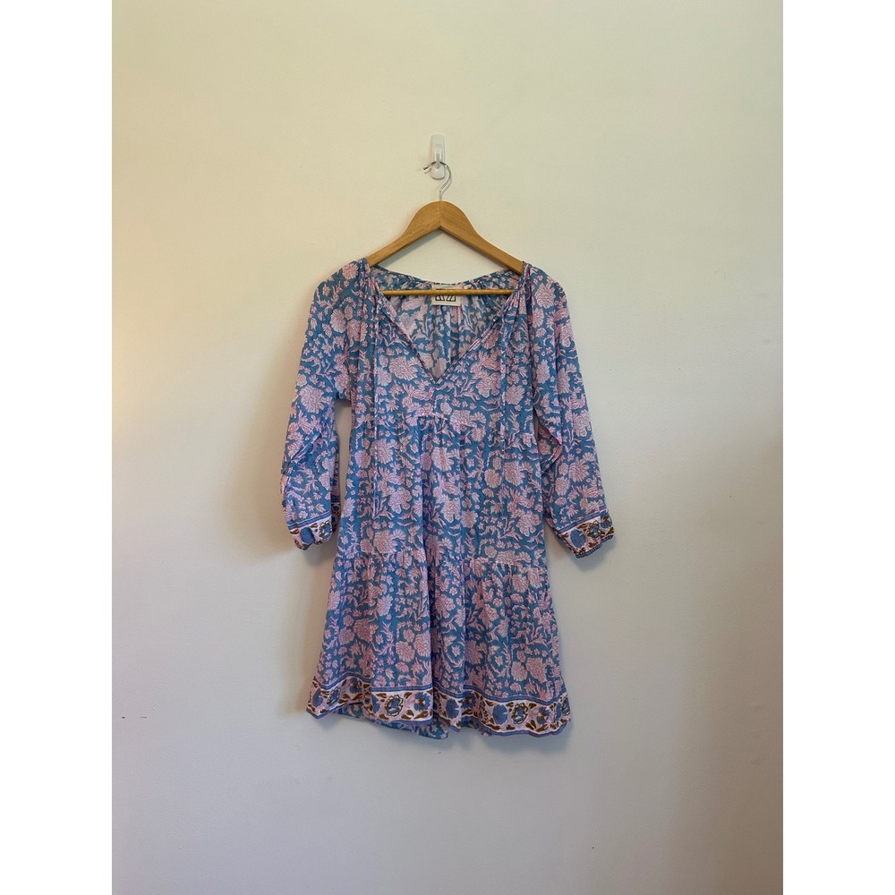 SZ Blockprints Nila Cotton Dress in Blue and Pink Floral Block Print | Small